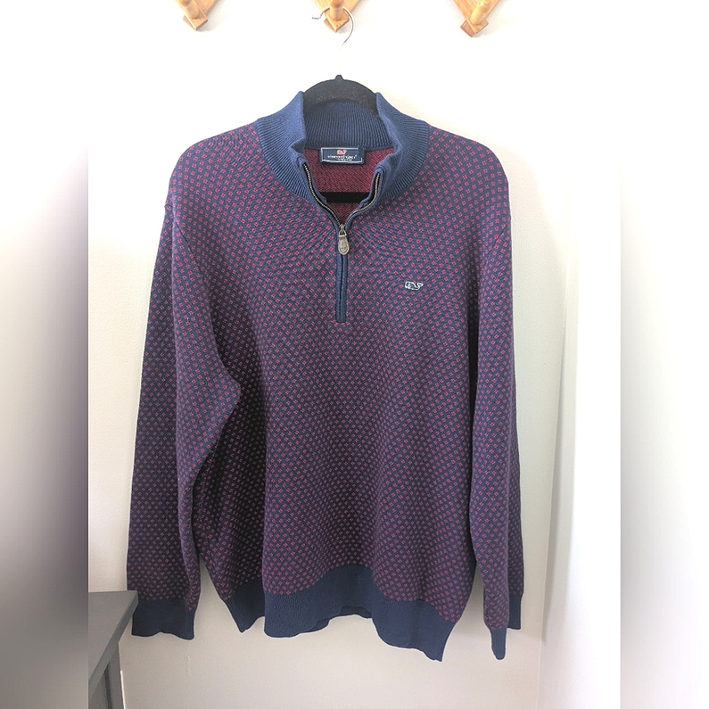 Vineyard Vines Men's Blue and Red Sweater With Zipper